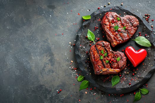 grilled beef steak for valentines day pragma in black background