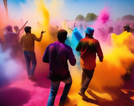 Holi Festival, participants celebrate by throwing colored powders and water at each other, dancing to traditional music during the festival of music and colors.
