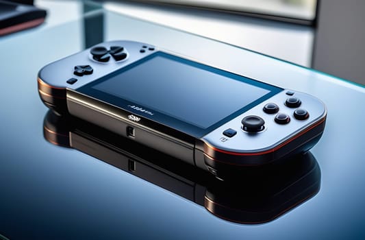 A game console, a video game joystick or a gamepad on a glass table with a reflection, a close-up shot.