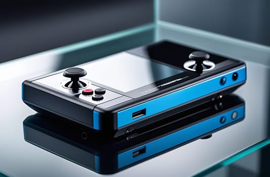 A game console, a video game joystick or a gamepad on a glass table with a reflection, a close-up shot.