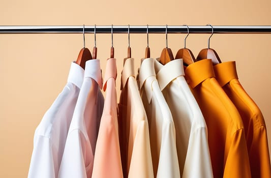 Men's shirts hanging in a row on a hanger, close-up, clothing and fashion concept.