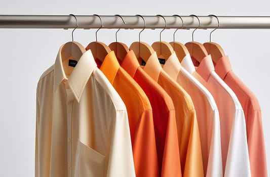 Men's shirts hanging in a row on a hanger, close-up, clothing and fashion concept.