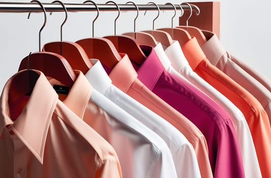 Men's shirts hanging in a row on a hanger, close-up, clothing and fashion concept.