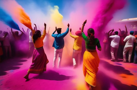 Holi Festival, participants celebrate by throwing colored powders and water at each other, dancing to traditional music during the festival of music and colors.