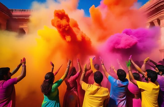 Holi Festival, participants celebrate by throwing colored powders and water at each other, dancing to traditional music during the festival of music and colors.