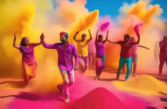 Holi Festival, participants celebrate by throwing colored powders and water at each other, dancing to traditional music during the festival of music and colors.