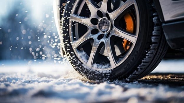 Winter tire. Detail of car tires in winter on the road covered with snow. High quality photo