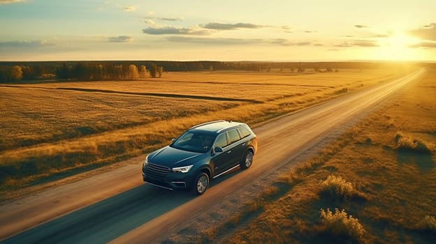 Aerial view of cars driving on country autumn road. Drone shot flying over rural road. High quality photo