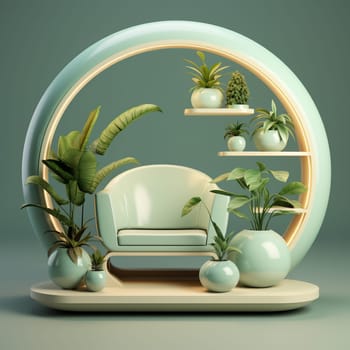 podium with rounded wood on green room for product presentation. 3d illustration