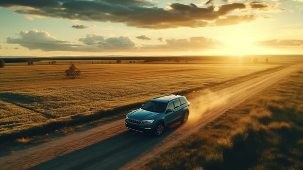 Pickup truck car drive fast at the country road with clouds of dust and beautiful mountains at the background. Sunrise in valley with a steam. Panoramic view with free space for text. High quality photo