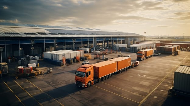 Aerial view of trucks loading in the logistics center. High quality photo