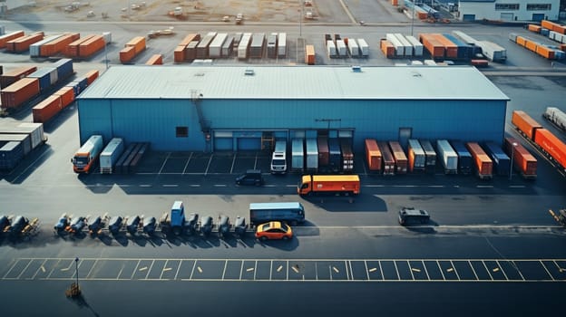 Aerial view of trucks loading in the logistics center. High quality photo