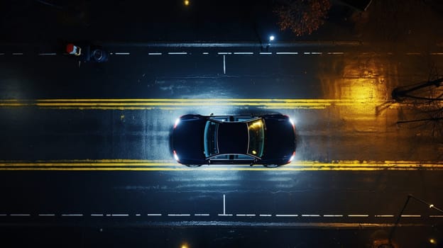 Automobile driving on a dark night road. High quality illustration. . High quality photo