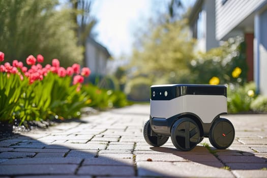 Food delivery robot delivers bag full with groceries to home