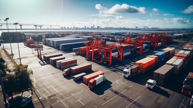 Aerial view of trucks loading in the logistics center. High quality photo