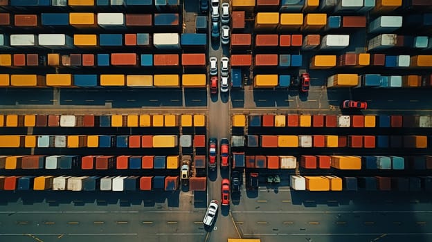 Top view aerial photo of stack of freight containers in rows at the shipyard. Big harbor with anchored track vehicles. Global Logistics Shipping industry. Export and Import transportation services . High quality photo