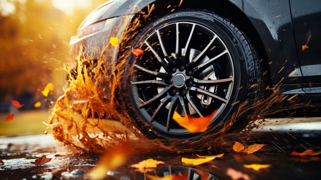 Sports car driven on rainy roads close up on a wheel with motion blur effect. High quality photo