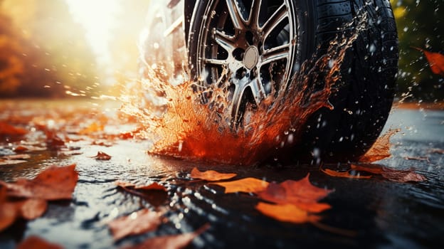 Sports car driven on rainy roads close up on a wheel with motion blur effect. High quality photo