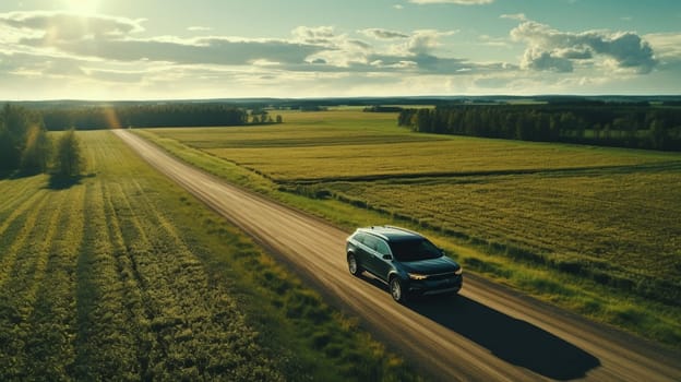 Aerial view of cars driving on country autumn road. Drone shot flying over rural road. High quality photo