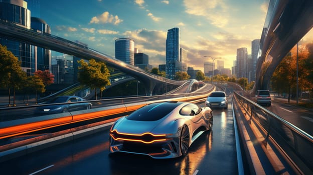 High speed futuristic car at sunset - 3D illustration, 3D render. High quality photo