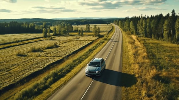 Aerial view of cars driving on country autumn road. Drone shot flying over rural road. High quality photo