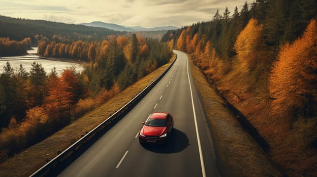 Top view car in autumn road 3d rendering.