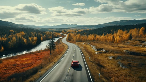 Top view car in autumn road 3d rendering.