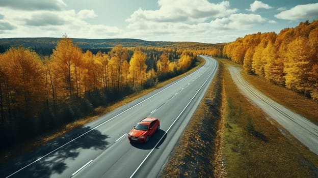 road highway autumn forest. the car is driving on the road. High quality photo