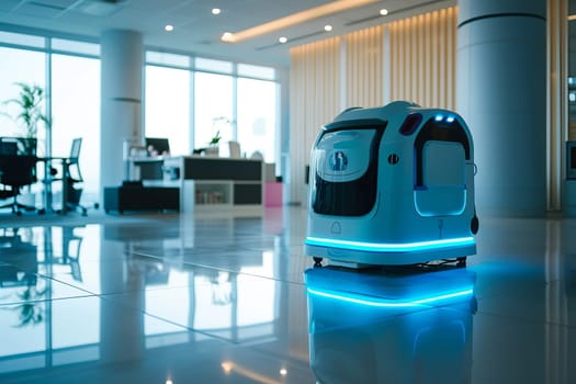 Futuristic robot washing machine is washing office floor in background of modern business office