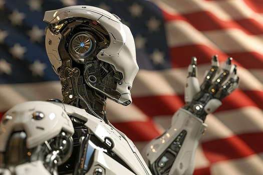 Photo of futuristic robot with artificial intelligence wrapped in the American flag salutes. Concept of new technology, patriotism, or futuristic soldiers.