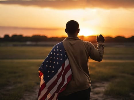 View from the back of a male soldier with a US flag on his shoulders in a field at sunset.