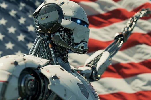 Photo of futuristic robot with artificial intelligence wrapped in the American flag salutes. Concept of new technology, patriotism, or futuristic soldiers.