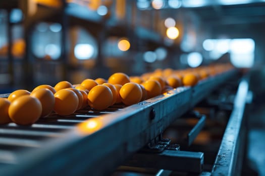 Chicken eggs on a conveyor belt in the background of a modern factory