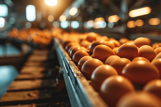 Chicken eggs on a conveyor belt in the background of a modern factory