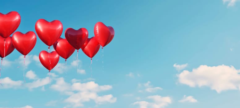 A row of vibrant red heart balloons floating with a clear blue sky backdrop.