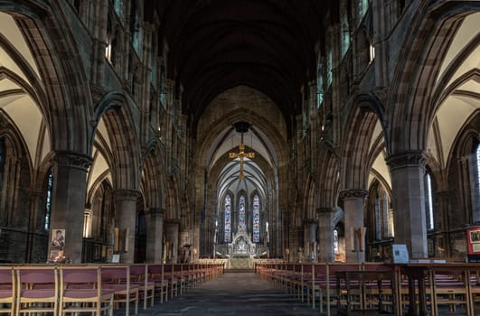Edinburgh, Scotland - Jan 16, 2024 - Interior view of St Mary's Episcopal Cathedral or the Cathedral Church of Saint Mary the Virgin. is a cathedral of the Scottish Episcopal Church in Edinburgh, Space for text, Selective focus.
