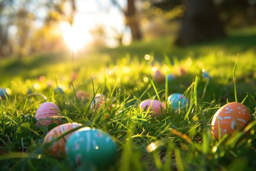 Vibrant Easter eggs scattered among fresh spring grass and wildflowers, with warm sunlight filtering through trees.