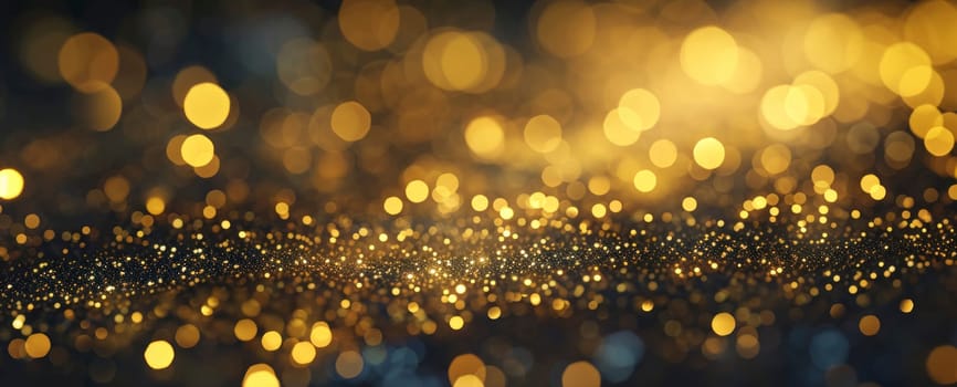 Abstract golden bokeh lights shimmering on a black background, perfect for festive occasions.