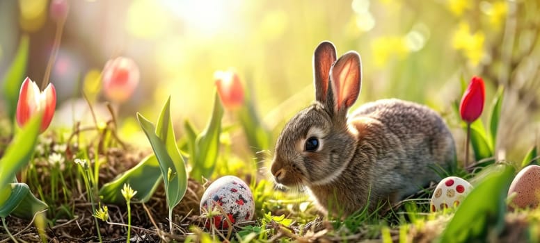 A delightful Easter bunny sits among a colorful field of tulips with scattered Easter eggs, highlighted by the radiant morning sun.