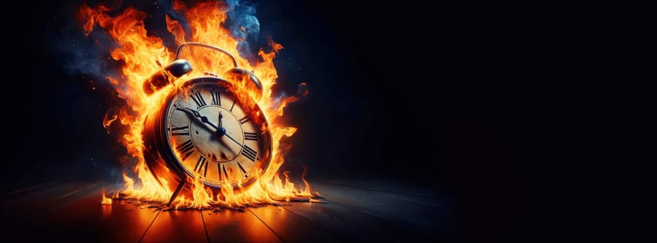 A clock dial ablaze, symbolizing time's ephemeral essence