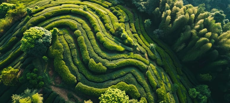 Aerial shot of a winding ecological tea garden with lush greenery and copy space