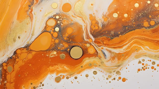 Abstract artistic background with orange marble and golden paint stains. Generated AI