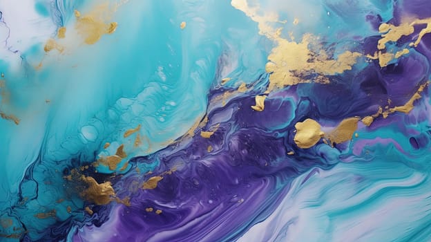 Abstract artistic background with blue and purple marble and golden paint stains. Generated AI