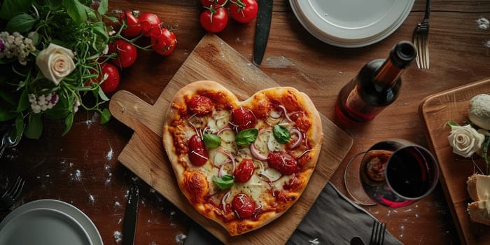 Heart shaped pizza for Valentines day on dark rustic wooden background pragma