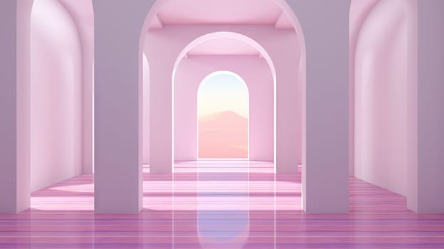 Abstract pink room with arch. Surreal architectural abstraction in pastel colors. Generated AI