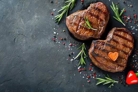 grilled beef steak for valentines day pragma in black background