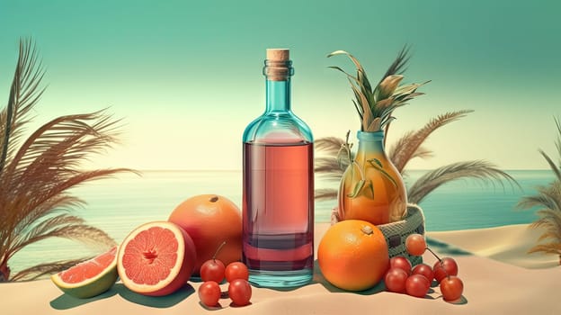 Bottle with fruit water or alcohol in the sand of the beach. Vacation scene with lemonade bottle on the shore line. Generative AI