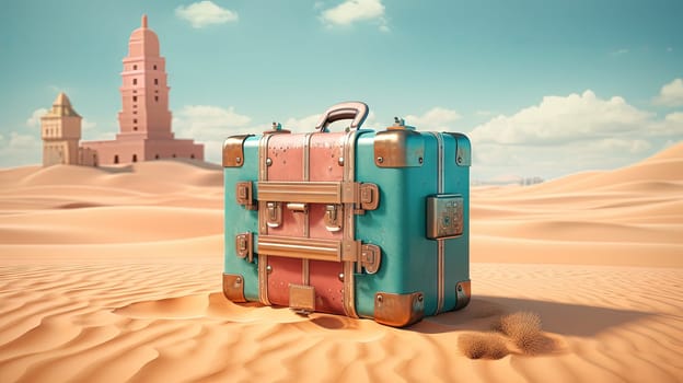 Suitcase in the sand of the beach. Vacation scene with travel case on the shore line. Generative AI