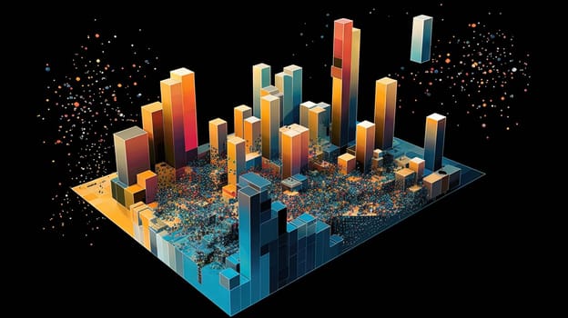 Business data graph concept with market data clusters and particles. Digital sorting and management concept for business and finance. Generated AI.