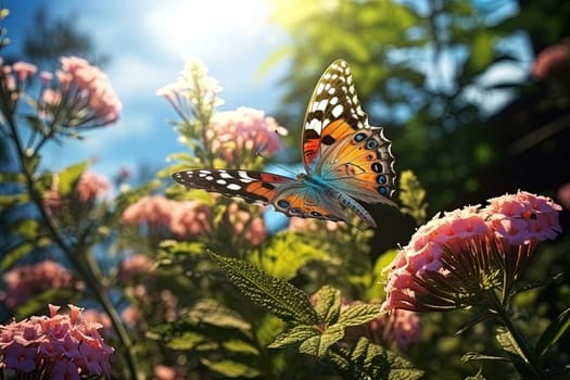 Butterfly on the colorful flowers and plants. Calm nature scene with dreamy colors. Generated AI